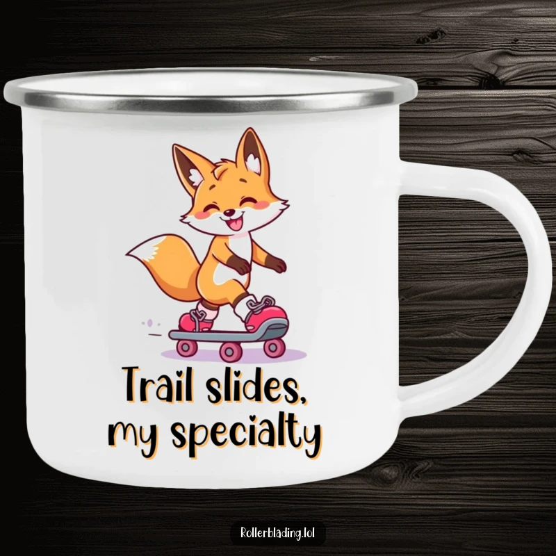 Funny Fox Camping Mug: A smiling fox executes a dramatic roller skate slide, one leg extended, ready for adventure with humorous flair.