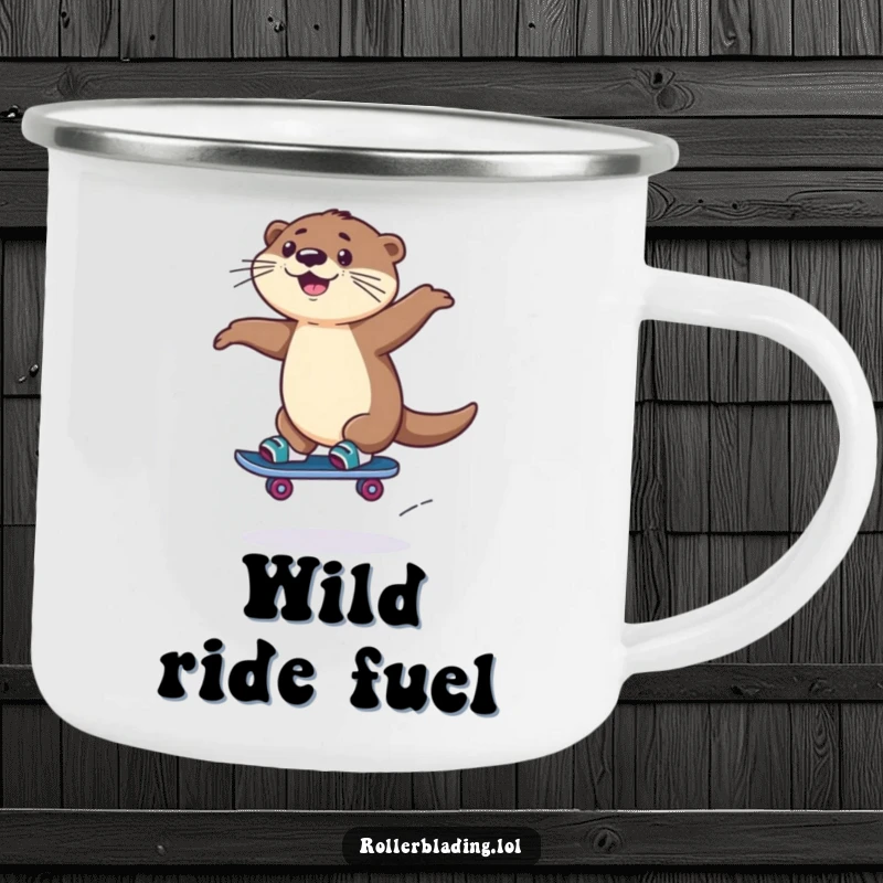 Funny Rollerblading Otter Camping Mug: A playful otter rollerblades and jumps, ready for hot drinks on any adventure.