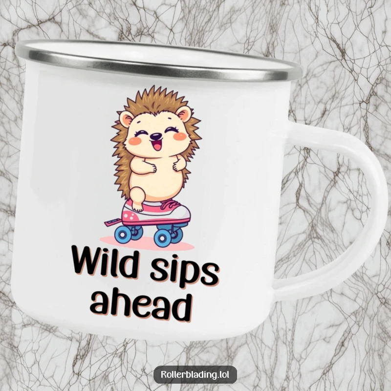 Funny hedgehog giggling on one roller skate, durable camping mug for hot drinks on the go.