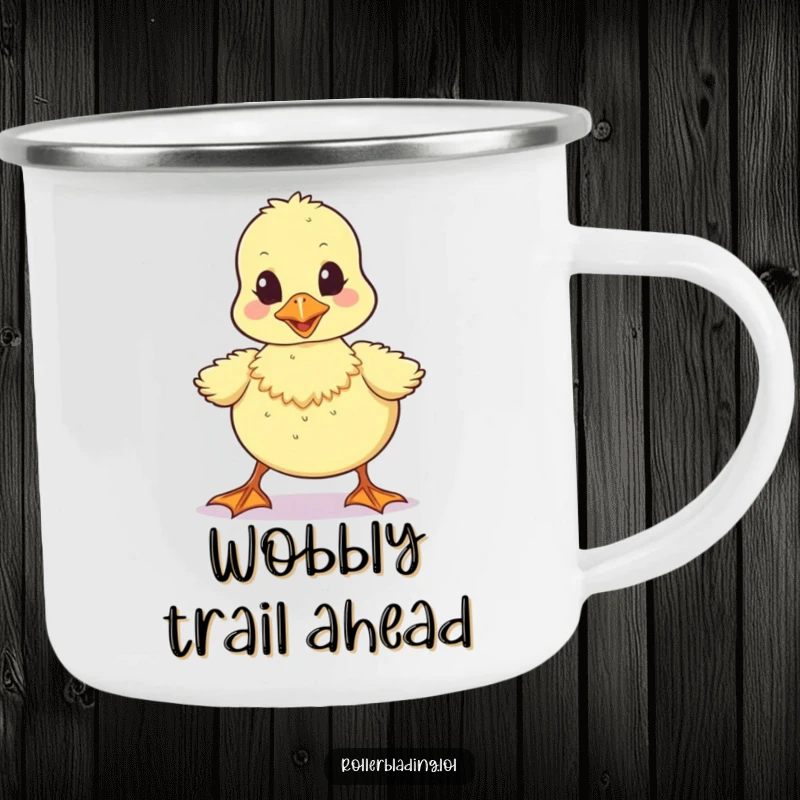 Funny camping mug with a wobbly duckling taking unsteady steps, ideal for outdoor adventures and humorous charm.
