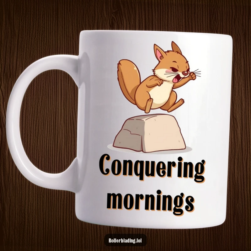 Funny mug featuring a determined squirrel mid-jump over a small ramp, embodying focus, ambition, and a humorous pursuit of a goal.