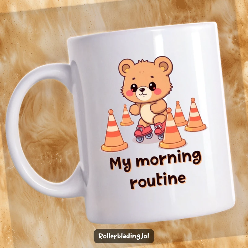 Funny bear cub roller skating awkwardly through cones, a humorous and endearing scene on a ceramic mug.