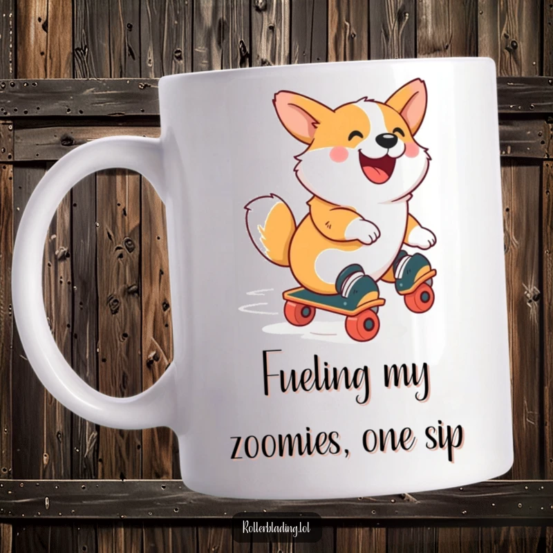 Funny Corgi Mug: A joyful corgi on roller skates, bouncing with glee, capturing pure, unadulterated fun and energy in a delightful design.
