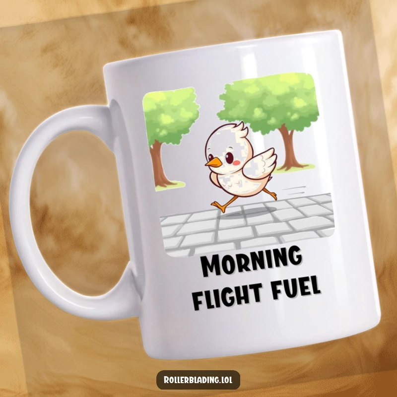 Funny mug depicting a determined bird racing with intense focus along a paved path, wings outstretched for maximum speed.