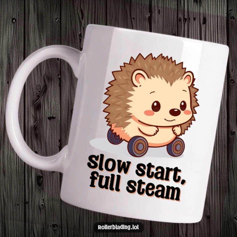Funny Hedgehog Mug: A shy hedgehog cautiously rolls forward on hesitant wheels, embodying gentle humor and a relatable journey.
