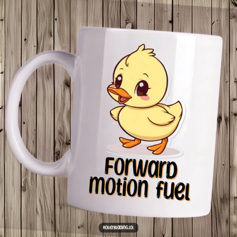 Funny mug showing a cute, determined little duck enthusiastically rolling forward with a focus on its goal.
