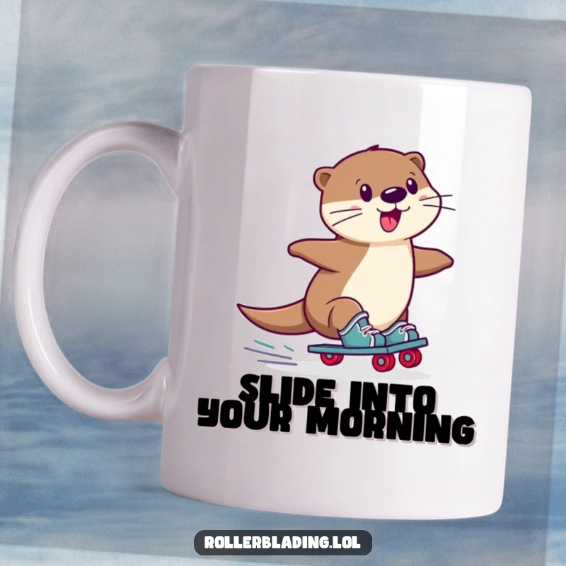 Funny Otter Mug: A playful otter performing a wobbly slide on roller skates, capturing a moment of pure, gleeful fun.