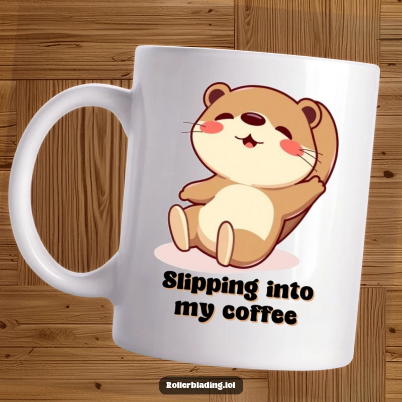 Funny mug depicting a playful otter mid-slide with an exaggerated, joyful expression on its face.