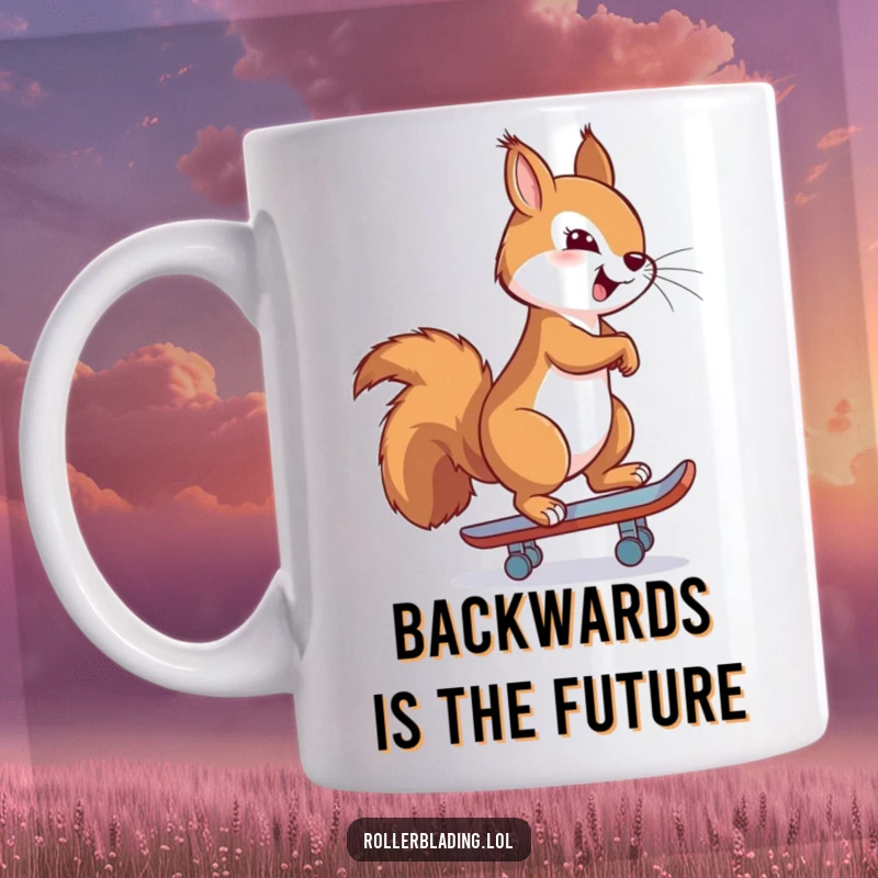 Funny mug depicting a proud squirrel confidently skating backwards with a smug expression, showing off its impressive smooth moves.