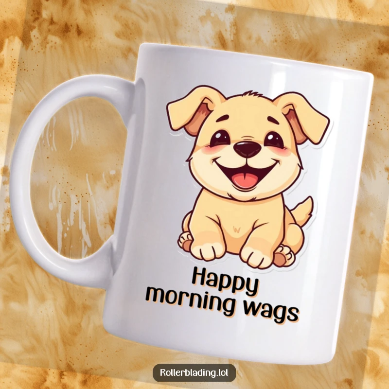 Funny pup mug showing a delighted dog rolling with a huge, cheerful grin, perfect gift for dog owners.