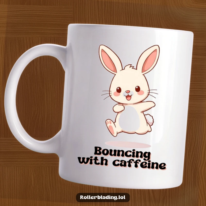 Funny mug showcasing a playful rabbit comically bouncing with legs pumping, radiating energy and enthusiasm for movement.