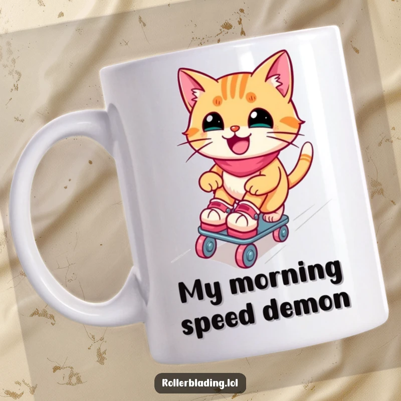 Funny roller skating cat mug: A joyful feline gracefully glides down a ramp on wheels, radiating happiness and cool vibes.