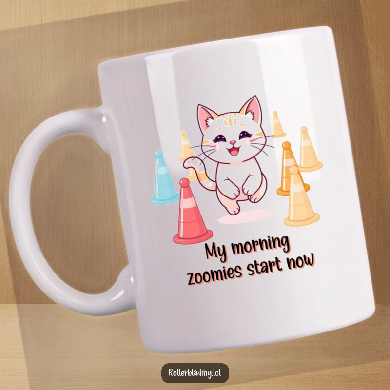 Funny smiling cat confidently weaving through agility cone markers, showcasing its joy and focus, perfect gift.