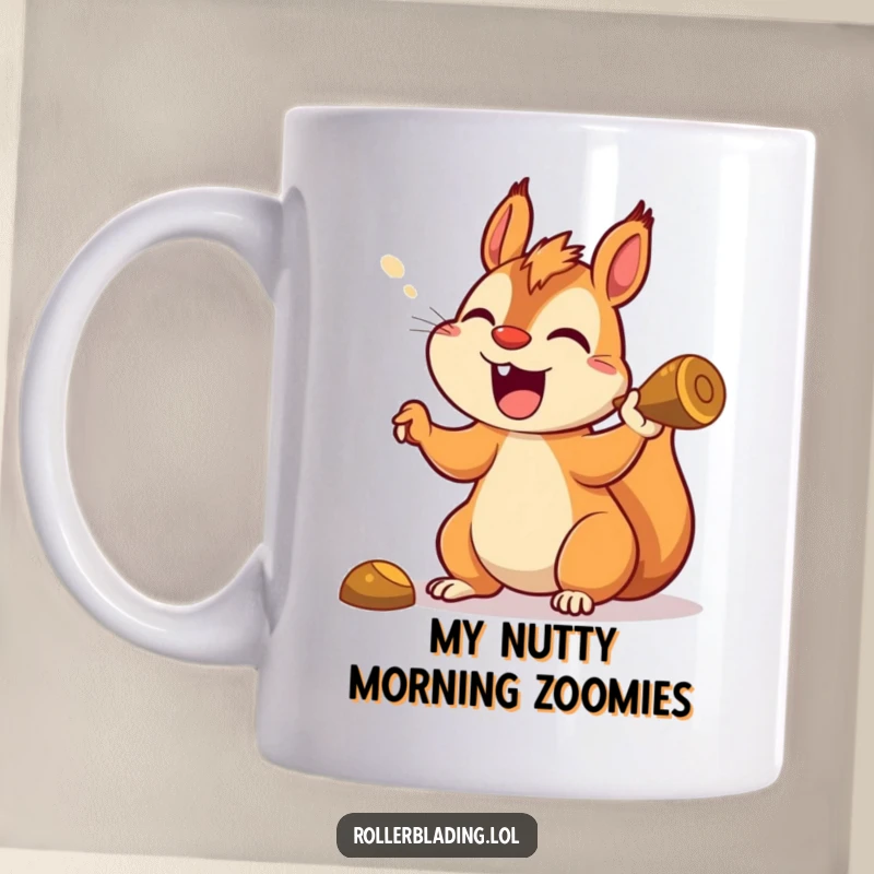 Funny squirrel mug showing a joyful rodent leaning into a turn with a gleeful expression, perfect gift for racers.