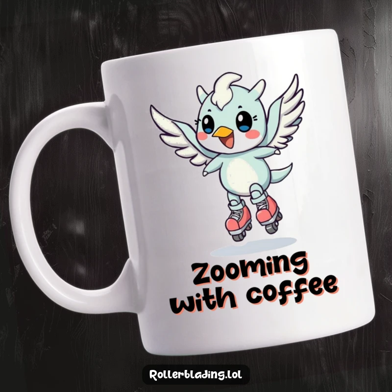 Funny mug with a cheerful, winged creature doing a speed turn on roller skates, full of motion.