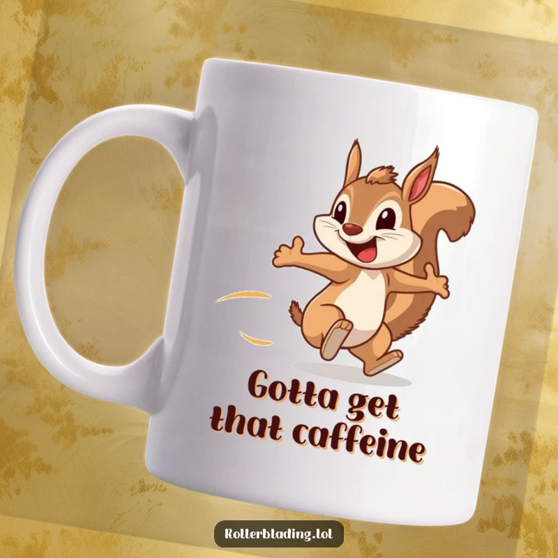 Funny mug with a squirrel speeding along, arms pumping furiously and a massive grin, embodying energetic humor.