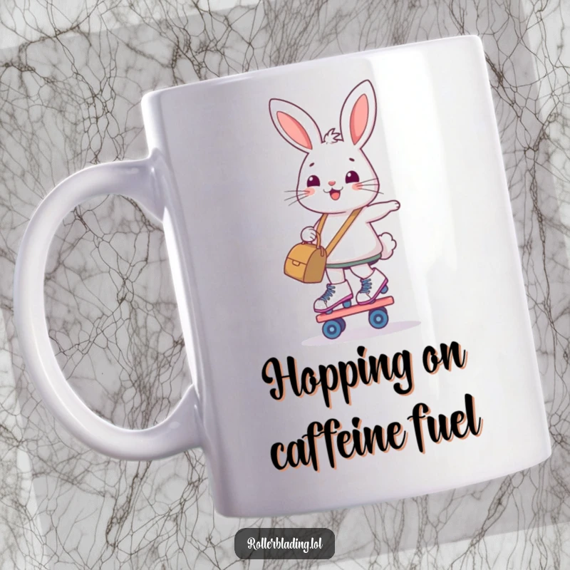 Funny bunny mug, smiling determinedly while balancing on roller skates and holding a bag, perfect gift.