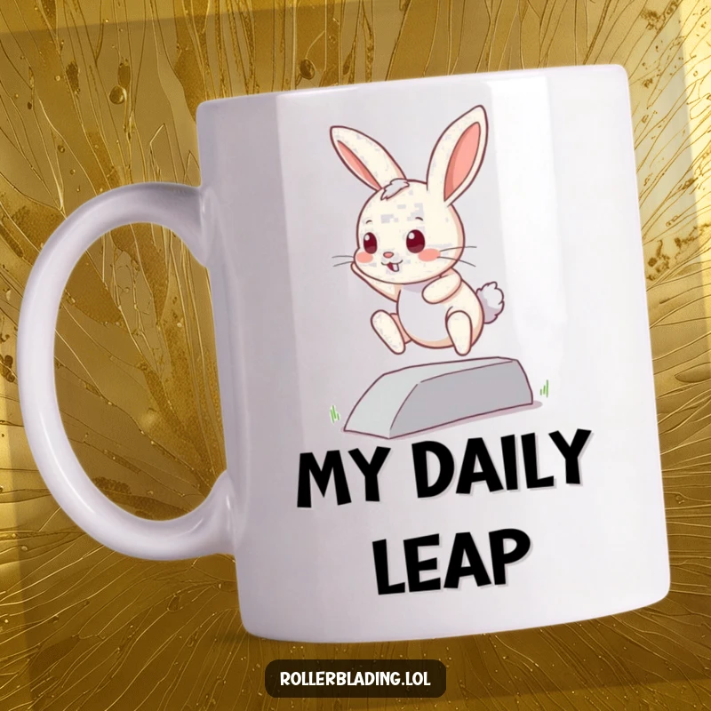 Funny curious bunny mug: A small bunny bravely attempts a jump off a curb, showcasing determination and a touch of endearing hesitation.