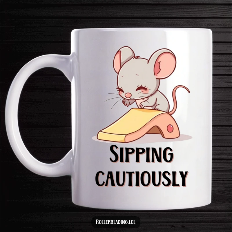 Funny mug showing a shy mouse comically attempting a gentle slide, expressing caution and a touch of nervousness.