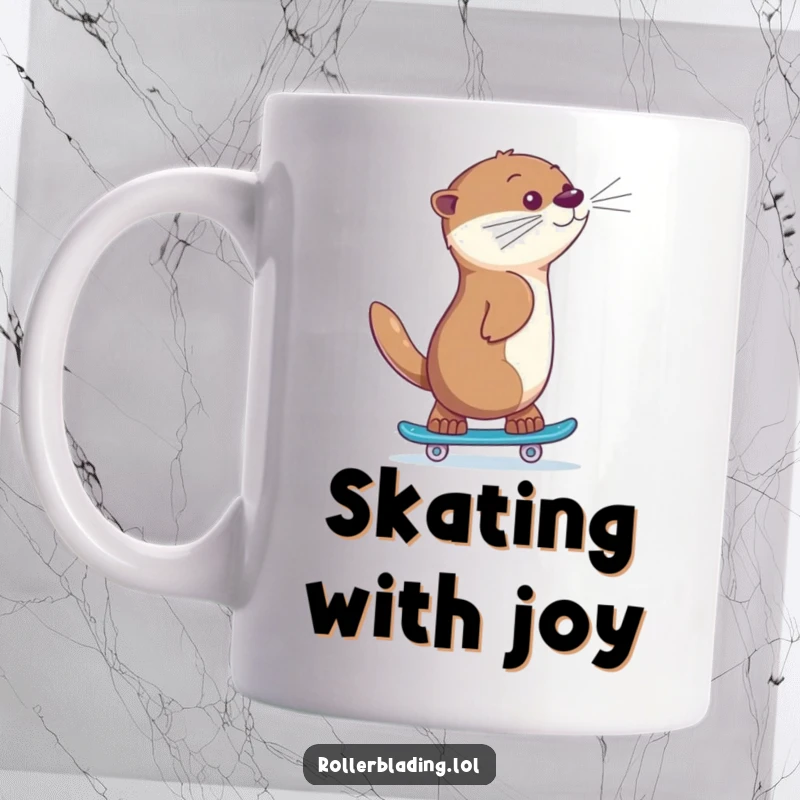 Funny otter skating mug, a giggling animal skating backwards with a proud expression, showcasing joyful confidence and playful skill.