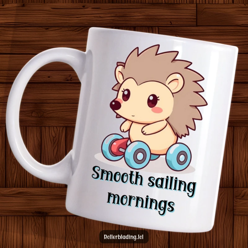 Funny mug showing a friendly hedgehog with a happy expression, smoothly gliding on four wheels with perfect balance and grace.