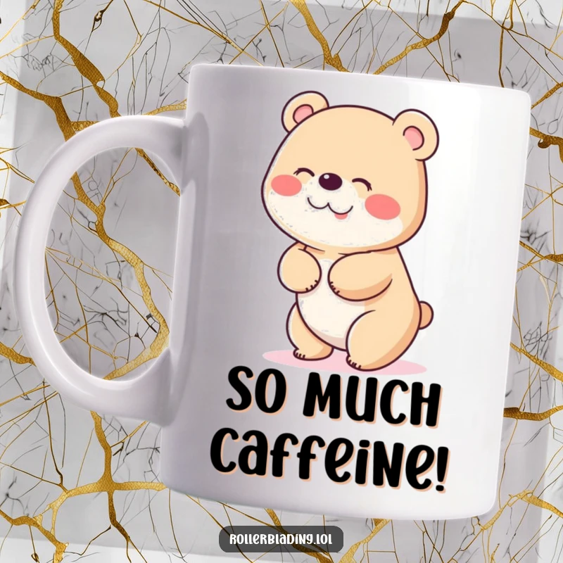 Funny mug showcasing a fluffy bear giggling uncontrollably as it comically wobbles while trying to come to a halt, full of joy.