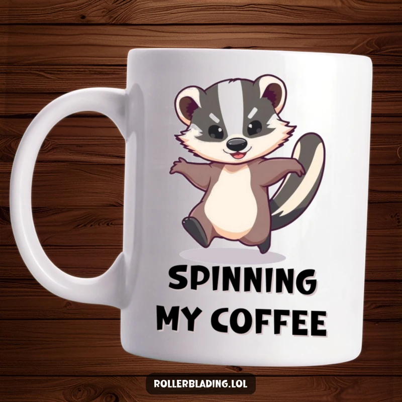 Funny mug featuring a graceful badger performing a speedy spin, capturing a moment of delightful motion and whimsical energy for a chuckle.