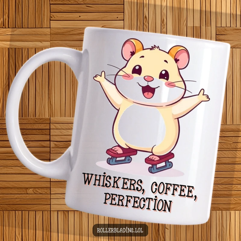 Funny mug featuring a smiling hamster gracefully skating with arms outstretched, radiating pure happiness.
