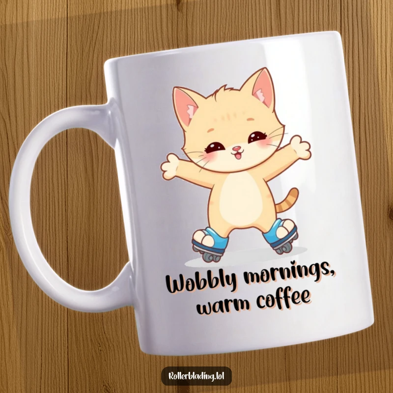 Funny Kitten Mug: A happy kitten wobbles precariously on roller skates, arms outstretched for balance, embodying adorable clumsiness.