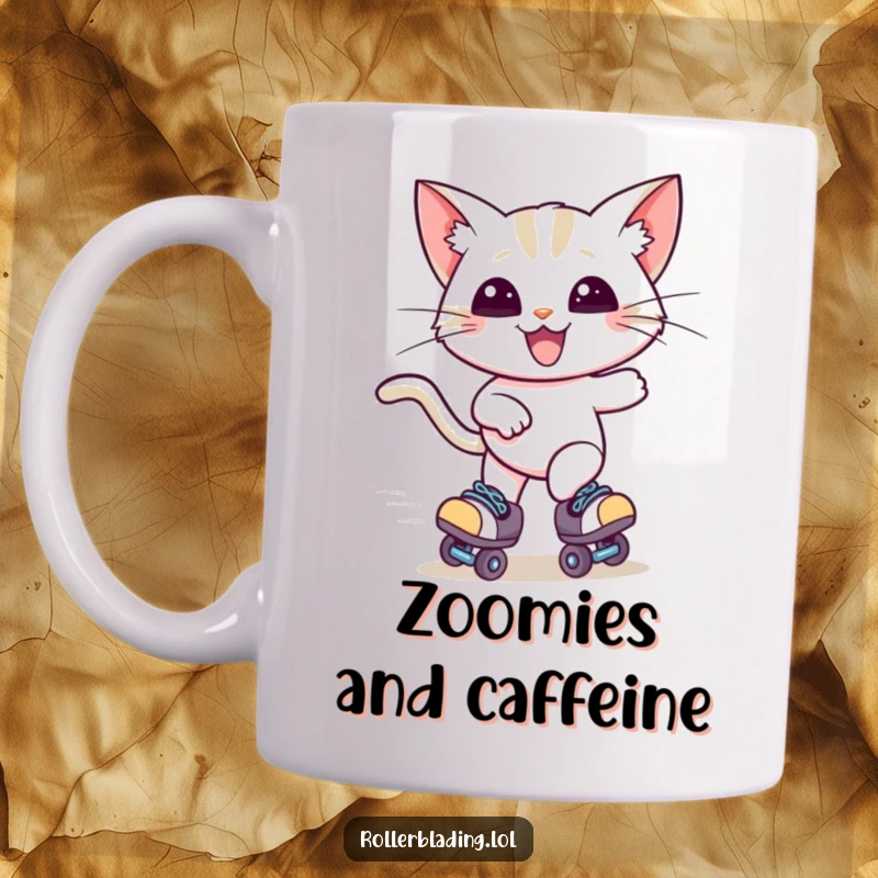 Funny mug showing a happy cat wearing roller skates, zooming along with ears dramatically windblown, conveying pure joy and speed.