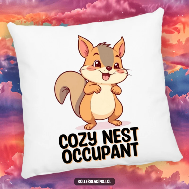 Funny mischievous squirrel pushing off with both feet on roller skates, a soft pillow for relaxation.