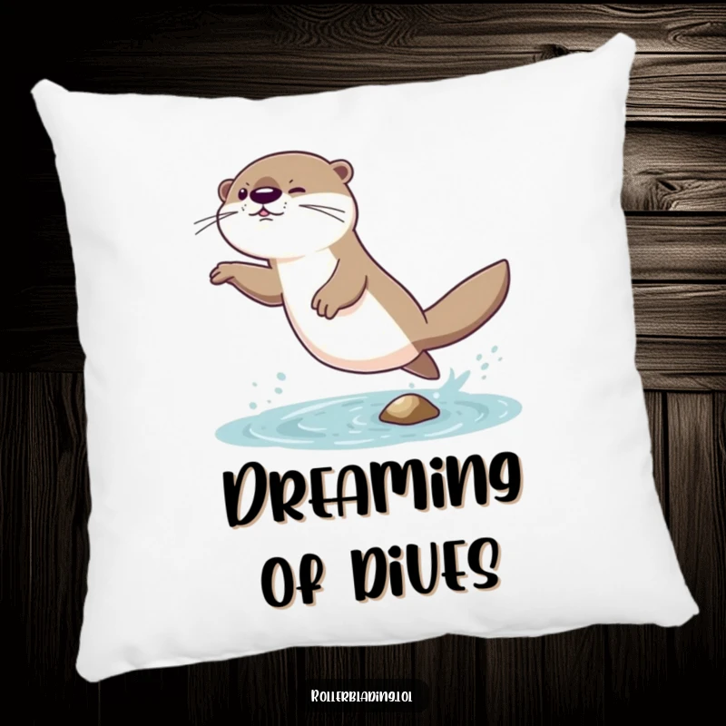 Funny pillow with a giggling otter comically attempting a daring jump and landing with a wobble, offering comfort and humor.