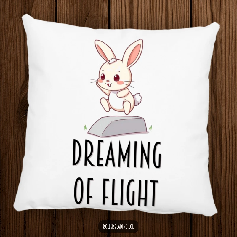 Funny curious bunny pillow: A small bunny attempts a jump off a curb, offering comfort and a humorous, inspiring touch to any space.