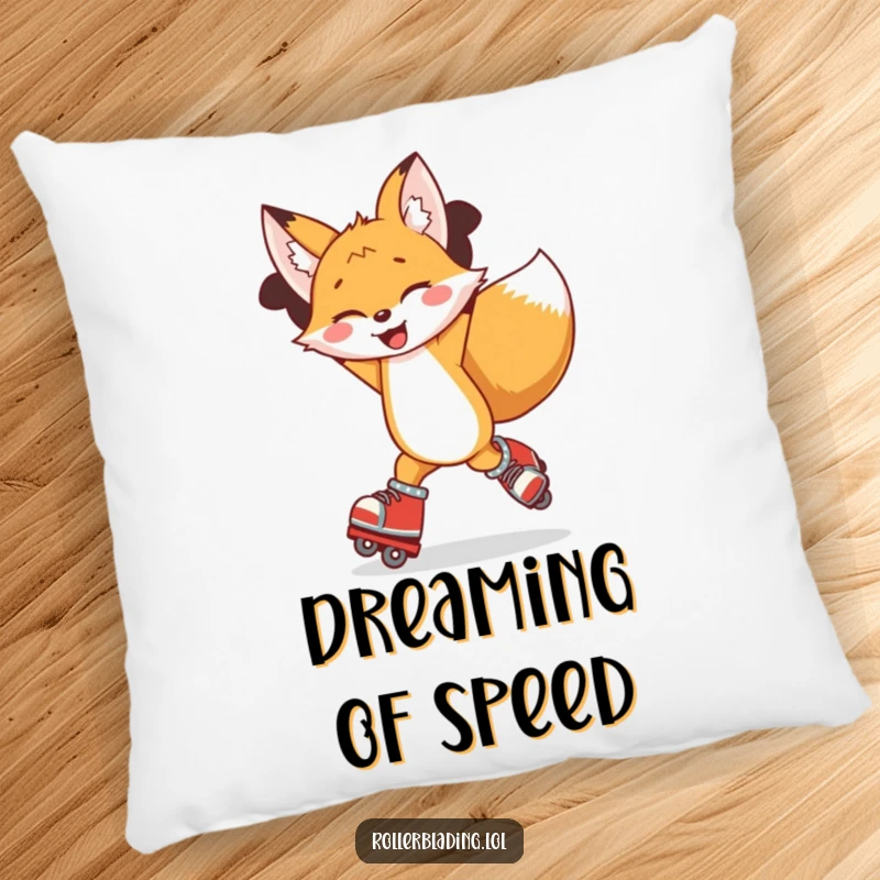 Funny pillow with a joyful fox performing a dynamic spin on roller blades, bringing playful energy to any room.