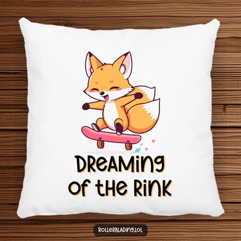 Funny pillow featuring a playful fox performing a cool skateboard trick, adding a humorous and comfortable touch to any room.