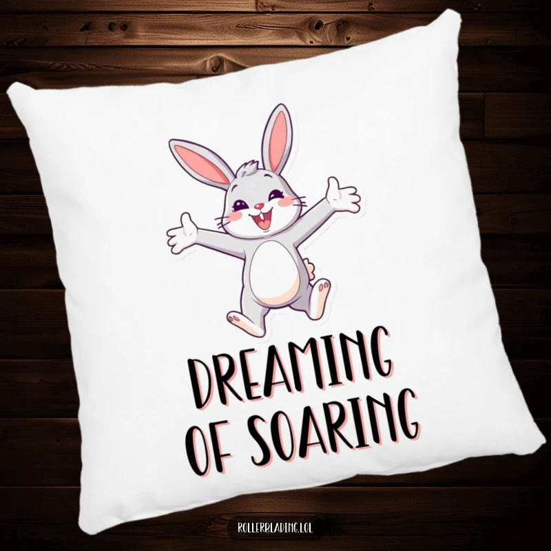 Funny Bunny Paraglider Pillow with a smiling bunny paragliding with open arms, offering cozy comfort and cheerful vibes.