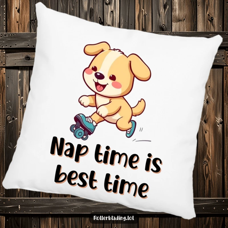 Funny dog pillow showcasing a happy dog gliding smoothly on roller skates, adding a touch of humor and comfort to any seating area.