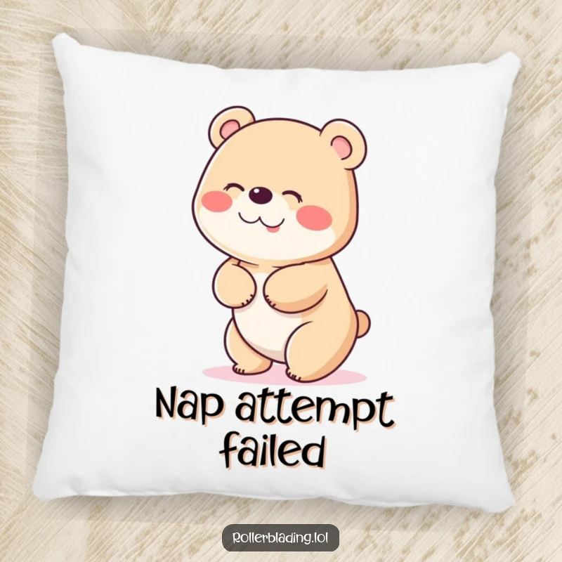 Funny pillow showing a bear uncontrollably giggling, its body wobbling as it attempts to stop, offering plush comfort and instant cheer.