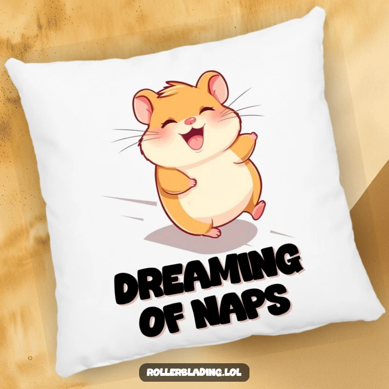 Funny giggling hamster pillow, featuring a hamster speeding downhill with wind in its fur, bringing cozy fun.