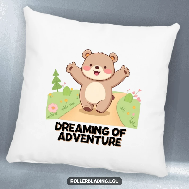 Funny happy bear pillow, a plush cushion showing a bear cruising along a path with arms wide open, adding cozy fun.