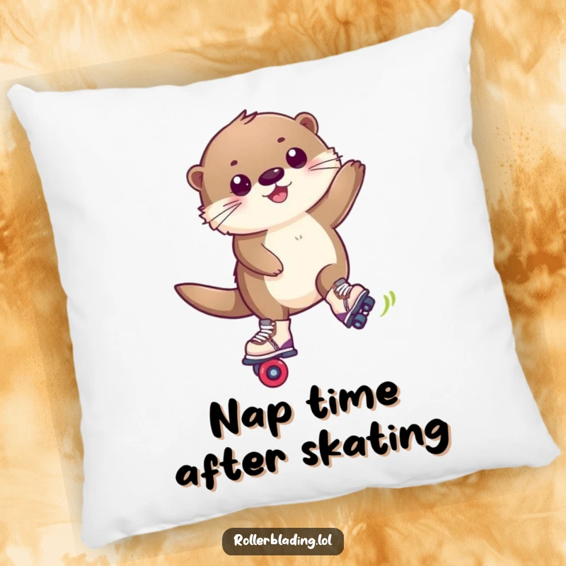 Funny pillow featuring a happy, fluffy otter performing a trick maneuver on roller blades, for cozy fun.
