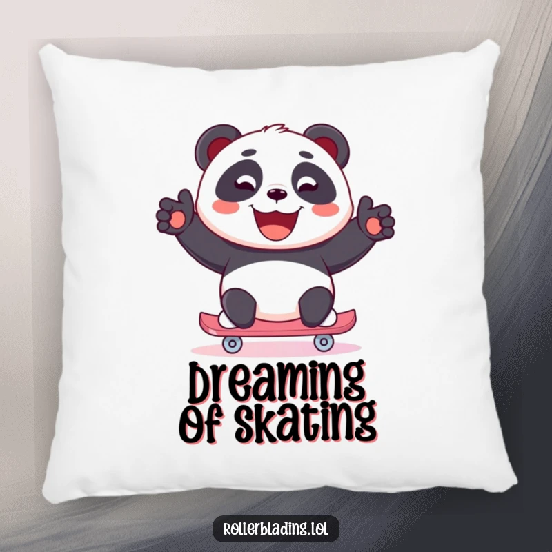 Funny Panda Pillow: A joyful panda skates with a wide, beaming smile, offering soft comfort and cheerful vibes.