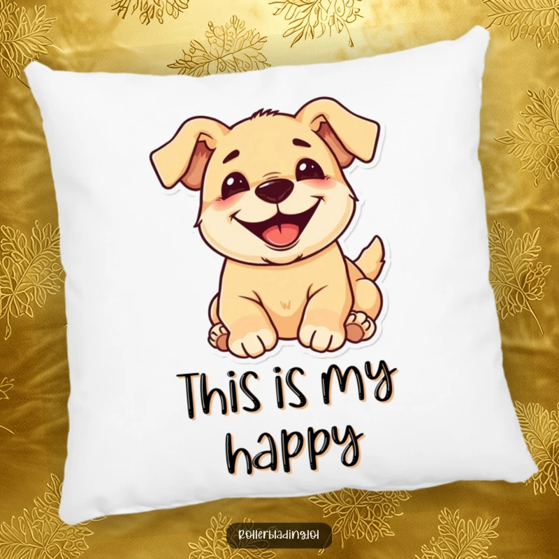 Funny pup pillow featuring a gleeful dog rolling with a big grin, adding humor to any room.