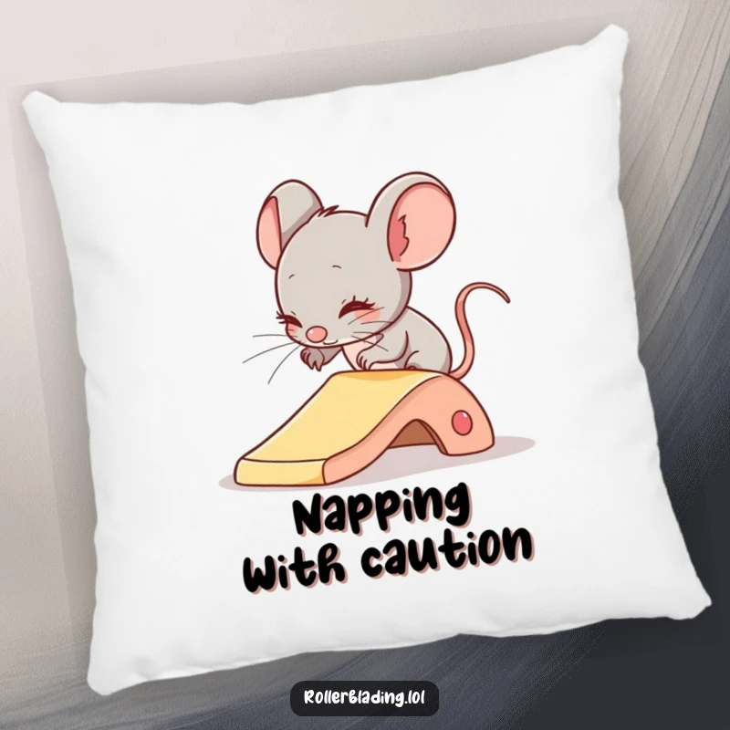 Funny pillow with a shy mouse comically attempting a gentle slide, offering comfort and a heartwarming touch of caution.