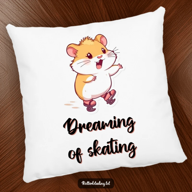 Funny pillow with a hamster on tiny skates, zooming forward with delight, offering plush comfort and hilarious joy.