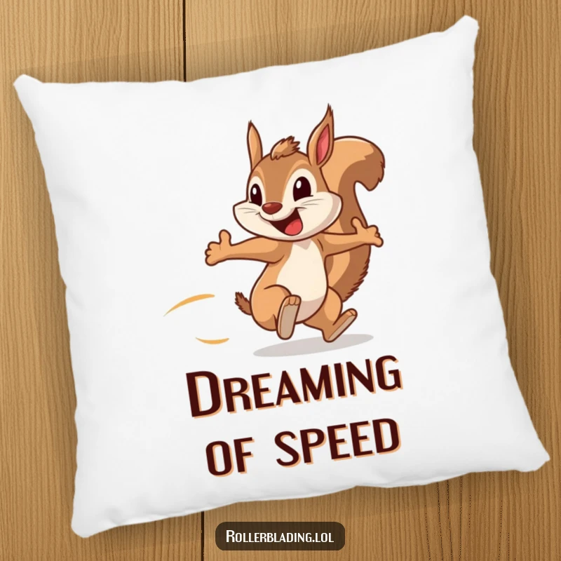 Funny pillow with a squirrel speeding along, arms pumping with a big grin, offering soft comfort and hilarious energy.