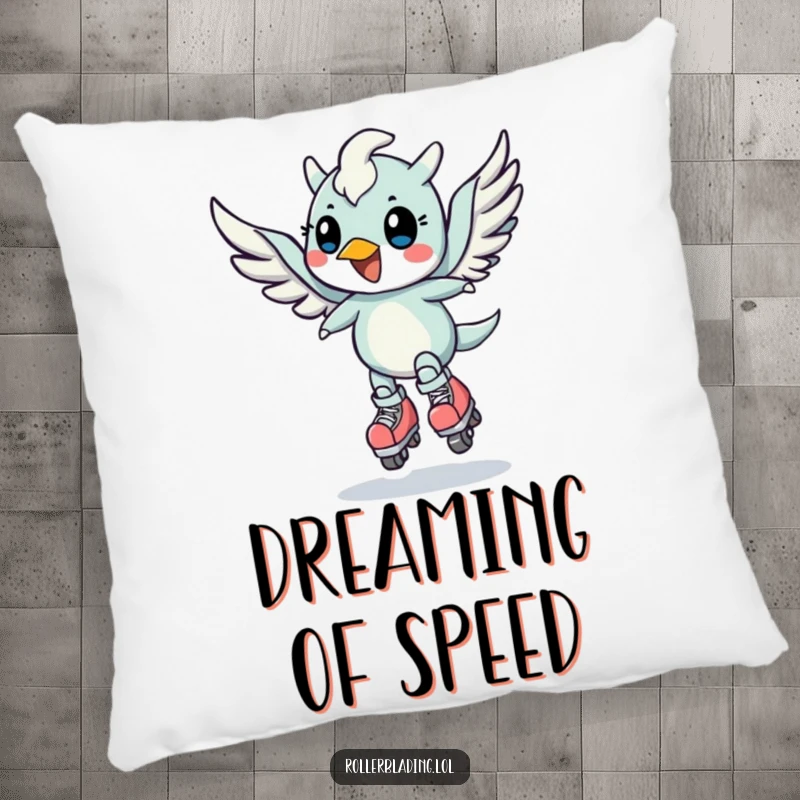 Funny pillow with a cheerful, winged creature doing a speed turn on roller skates, offering comfortable fun.