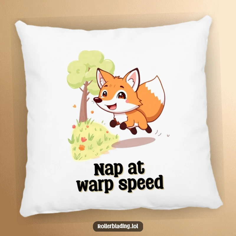 Funny grinning fox pillow: A playful fox speeds down a path with a wide grin, offering comfort and a humorous touch to any space.