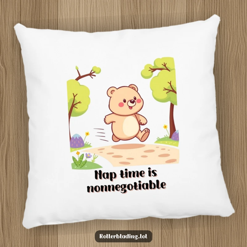 Funny pillow with a proud bear depicted mid-sprint, offering comfort and a visual gag for a cozy, humorous touch.