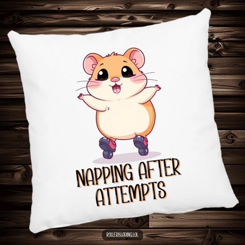 Funny Pillow: A plump hamster with big eyes attempting a roller skate jump, offering soft comfort and a dose of hilarious, cute effort.